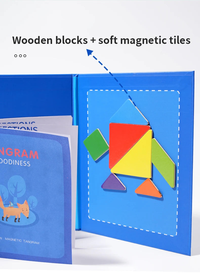 Montessori Wooden Jigsaw Magnetic Tangram Puzzle Book Educational Toys For Kid Learning Logical Game Geometric Shape Block