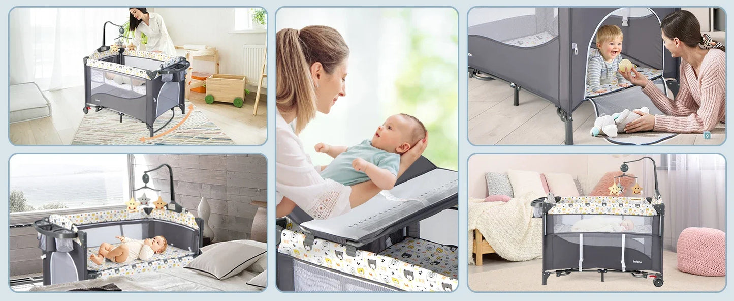 Multifunctional Baby Crib - Convertible Foldable Bed with Detachable Changing Table, Portable Co-Sleeper for Infants