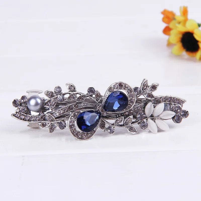 Red Crystal Flower Bow Spring Hairpin Vintage Ink Blue Rhinestone Horizontal Clip Top Clip Elegant Mom Fashion Hairpin Korean