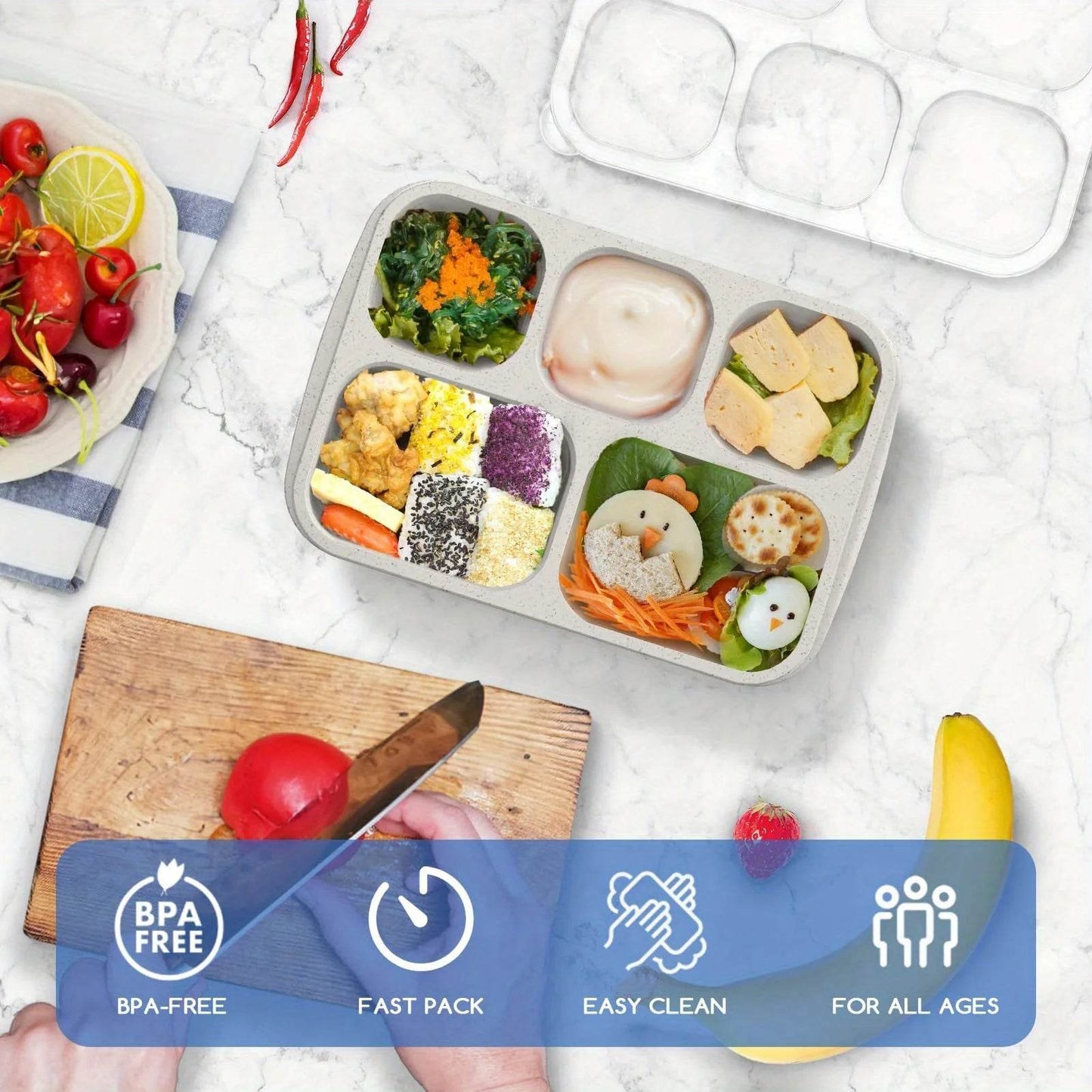 1pc Bento Lunch Box Reusable Lunch Box Kids with 5 Compartments Meal Prep Containers With Transparent Lids for Kids and Adults - AIAZ