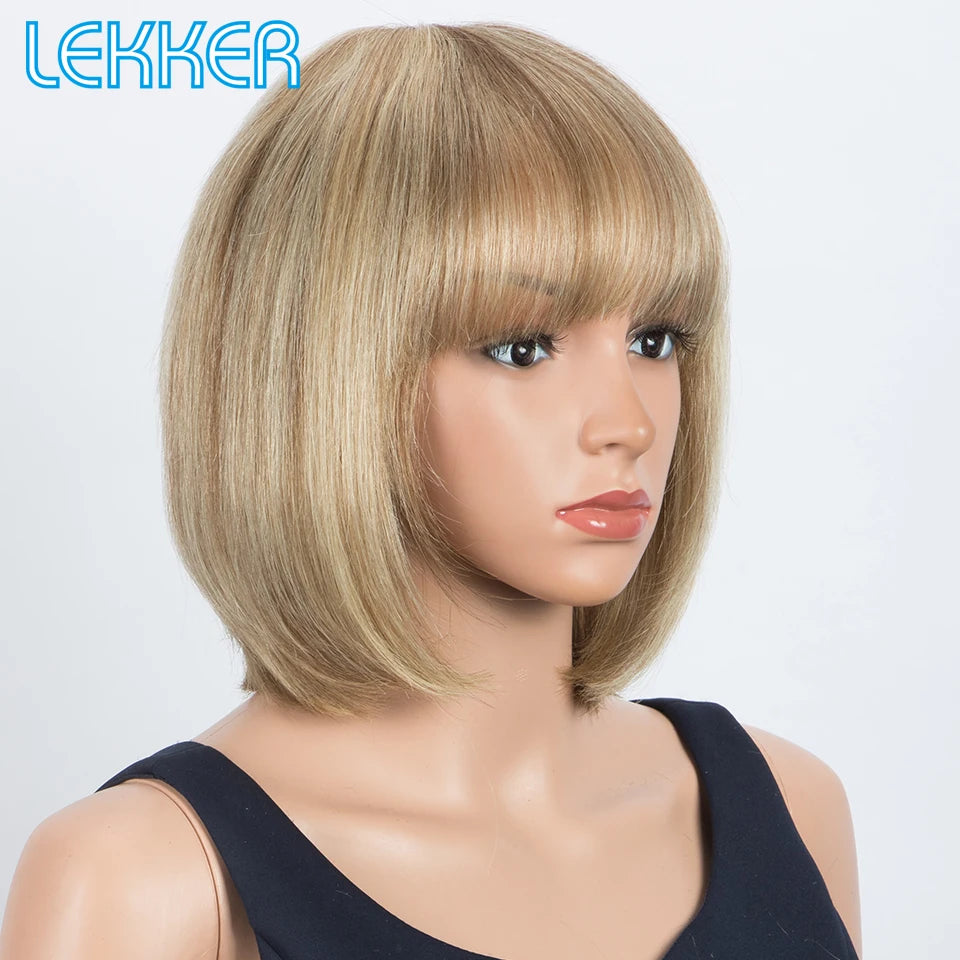 Lekker Blonde Short Straight Bob 100% Human Hair Wigs With Bangs For Women Brazilian Remy Hair Full Machine Made Daily 10" Wig