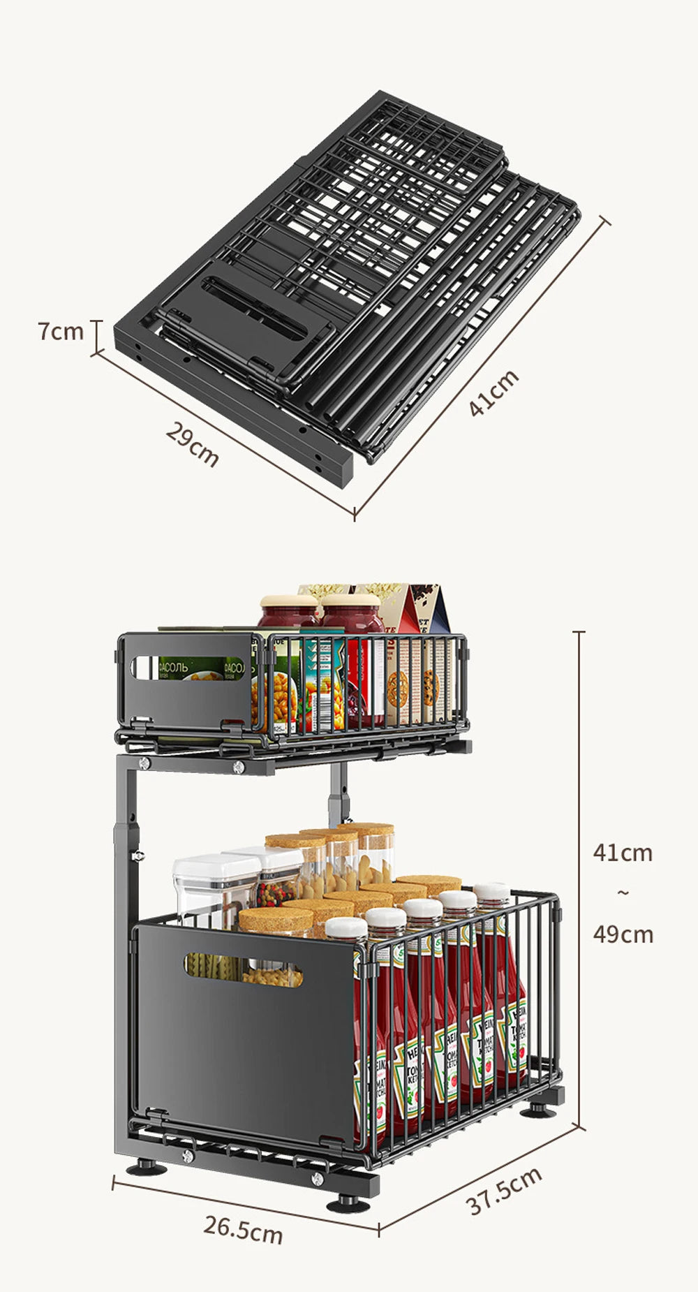 2 Tier Pull Out Cabinet Organizer Adjustable Kitchen Storage Rack Under Sink Organizer Spice Jar Storage Rack Slide Out Drawer