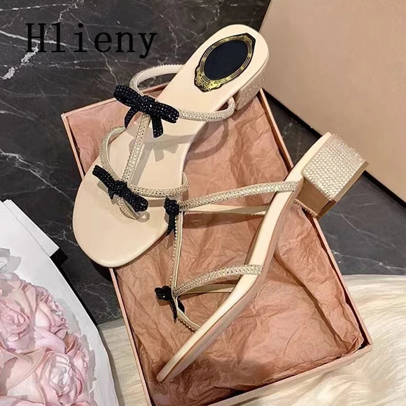 Hlieny Silver Crystal Bowknot Slipper Summer Outdoor Sandal Women Square Low Heel Beach Slip On Flip Flop Slides Shoes Size 40