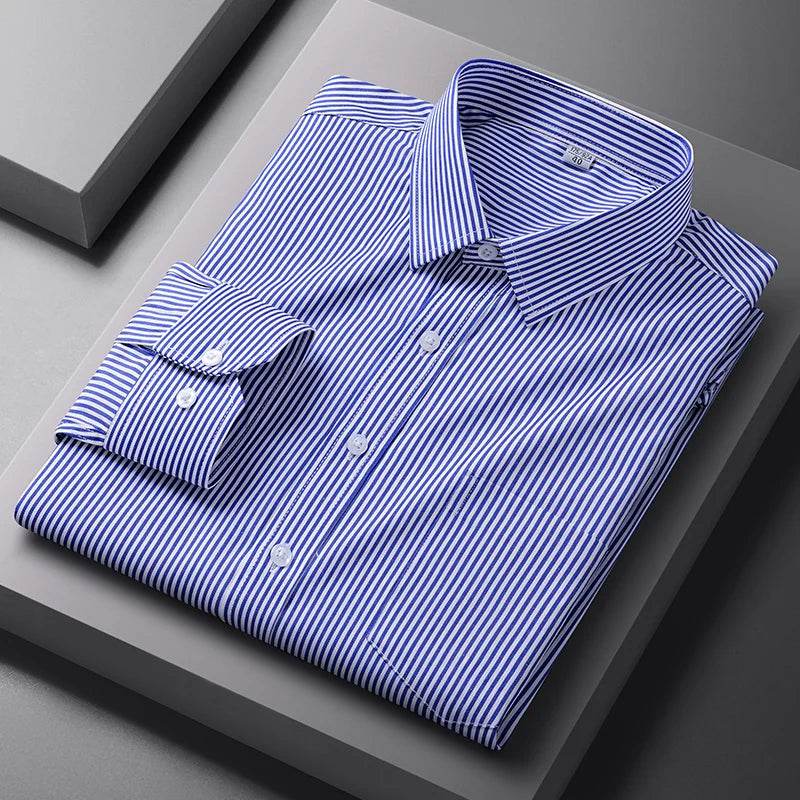 Men Formal Shirt Long Sleeve Office Solid Color Striped Anti-Wrinkle Fashion Business Pocket White Social Pocket Shirt S-4XL - AIAZ