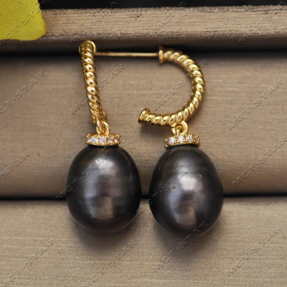 Z13717 16mm Black Rice Freshwater Pearl Dangle Earring CZ Custom Jewelry
