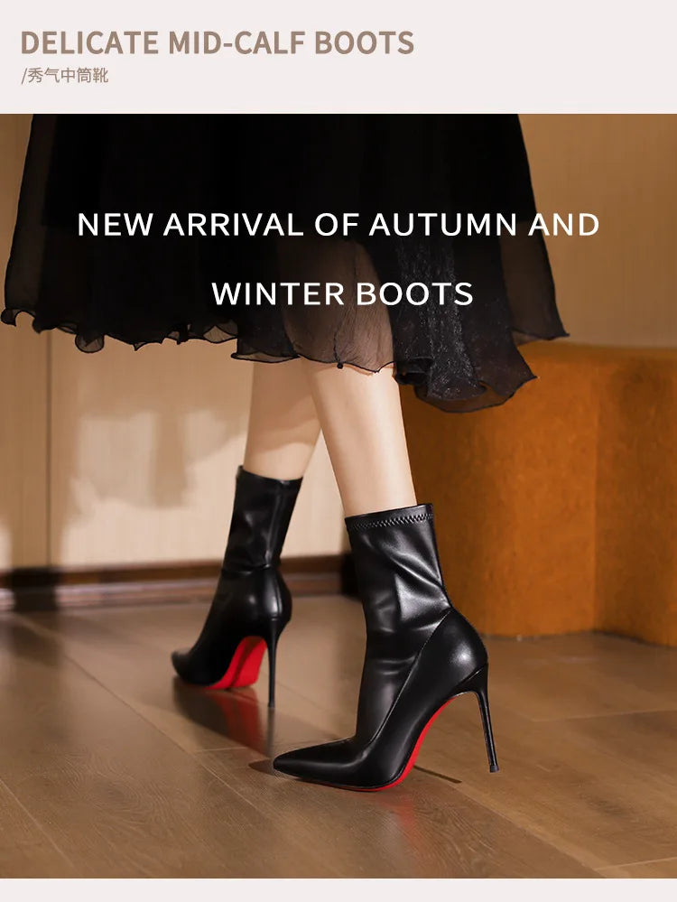 2025 autumn and winter new elastic slim boots with pointed leather and thin heels, black short boots for women with temperament