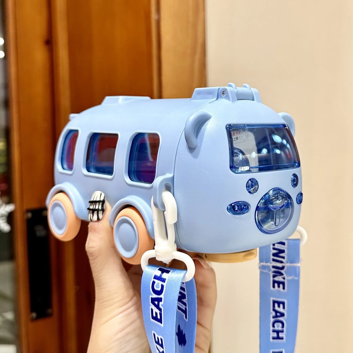 Baby Cute Panda Bus Portable Water Bottle with Shoulder Strap Kid Car Straw Water Cup Children's Water Bottle Drinking Cup