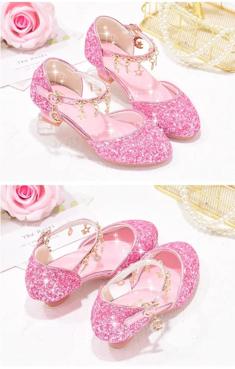 Heeled Dancing Shoes Due To Gold for Girls Glitter Shoes Heels Girls Princess Flowergirl Dresses Golden Girl Child Shoe for Wed