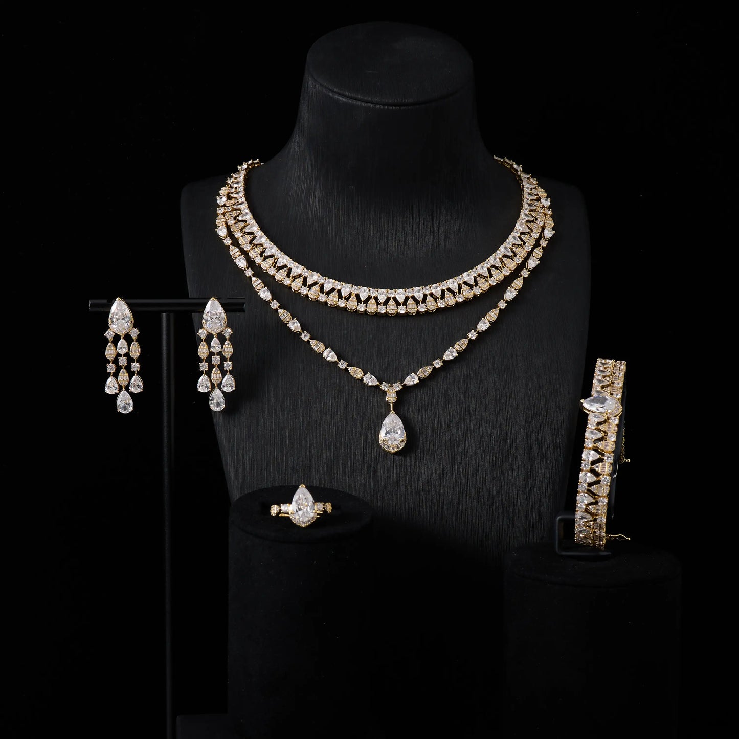 00039 Bridal Women jewelry Set Double Layer Necklace Set Cubic Zircon Wedding Jewellery Set Dubai Saudi EngagementAccessories