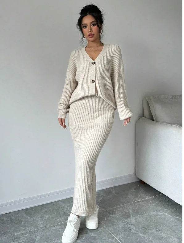 Women's Long Sleeved Jacket Sweater V-neck Cardigan Loose Two-piece Set Solid Color Knitted Hip Skirt Set - AIAZ