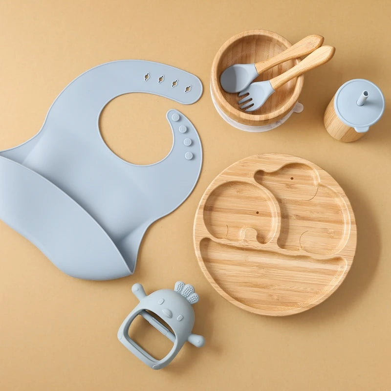 Wooden Dinner Plate Feeding Supplies Bamboo Baby Tableware Silicone Suction Plate Bowl BPA Free Baby Stuff Newborn Accessories