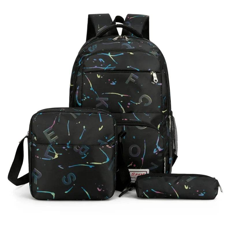 Three piece set of large capacity school backpack versatile letter printed casual backpacks junior high school student schoolbag - AIAZ