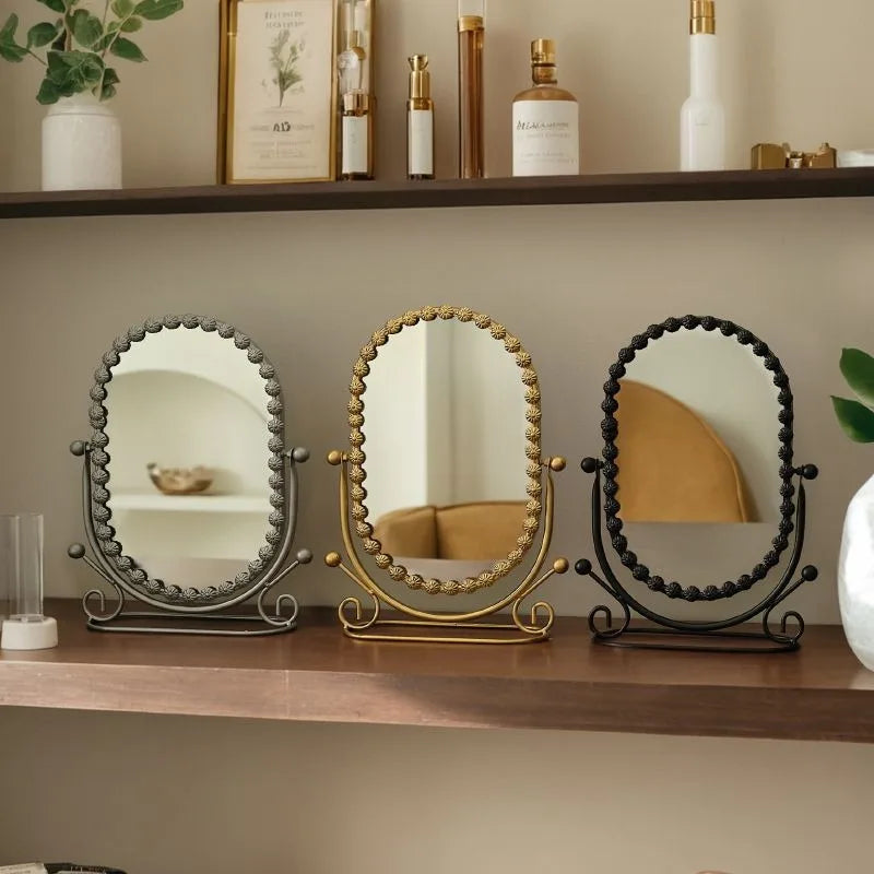 Light Luxury Wrought Iron Vertical Mirror Rotatable Retro Makeup Mirror Bedroom Vanity Mirror Desktop Ornament Photo Props