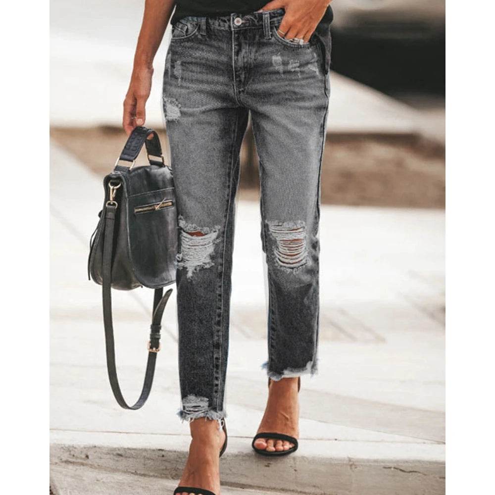 Women's Vintage Washed Ripped Skinny Jeans Bleached Denim Pants - AIAZ