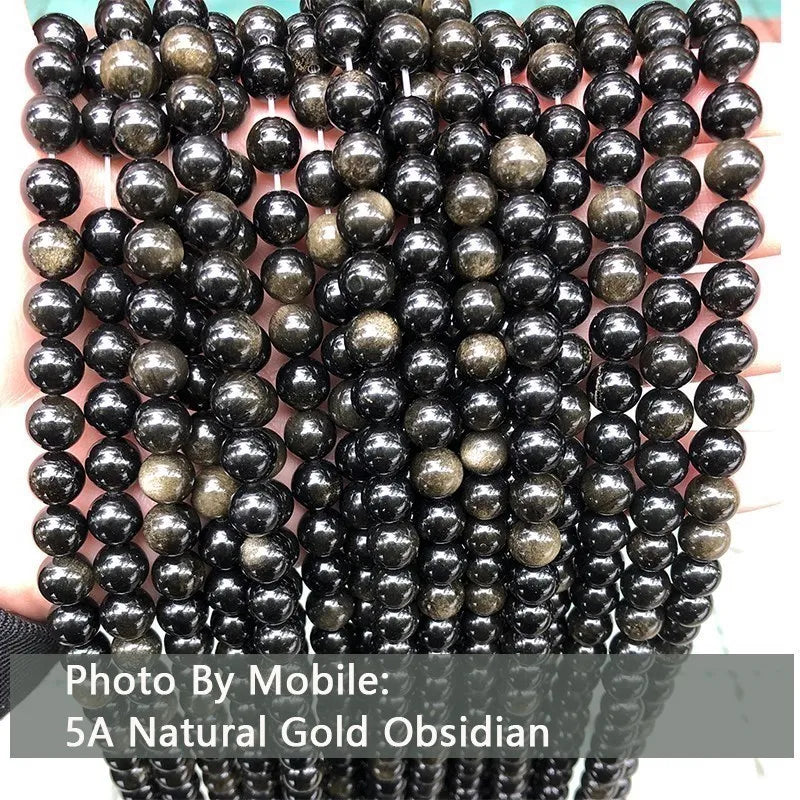 Natural Stone Golden Black Obsidian Bead Shinny Round Loose Gemstone Bead for Jewelry Making Diy Bracelet Necklace Accessory 15"