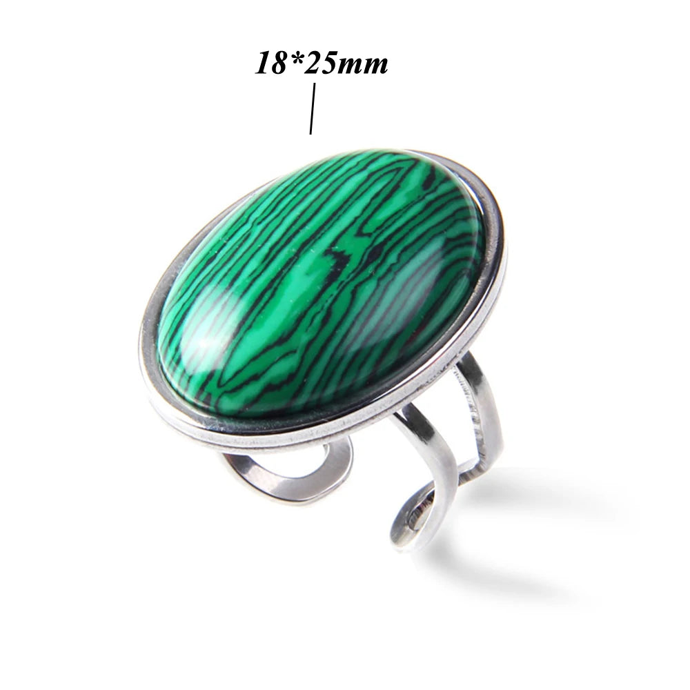 Cabochon Natural Stone Ring 10*14MM Oval Agates Turquois Quartzs Gem Finger Ring Silver Color Adjustable Open Rings Jewelry Gift