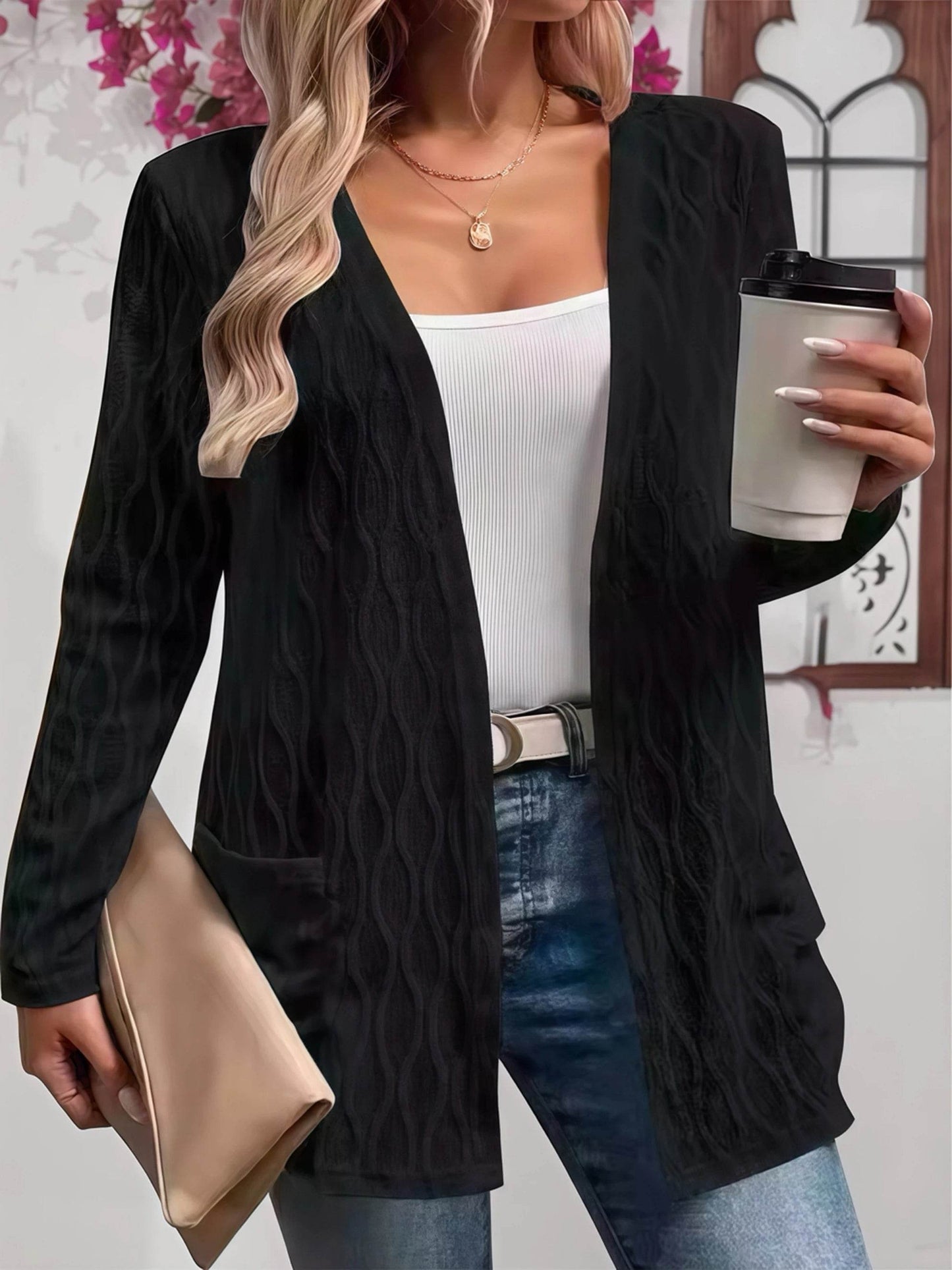 Comfy Fall Cardigan for Women, Casual Elegant Solid Textured Fabric Pocket Front Open Women's Loose Cover Up - AIAZ