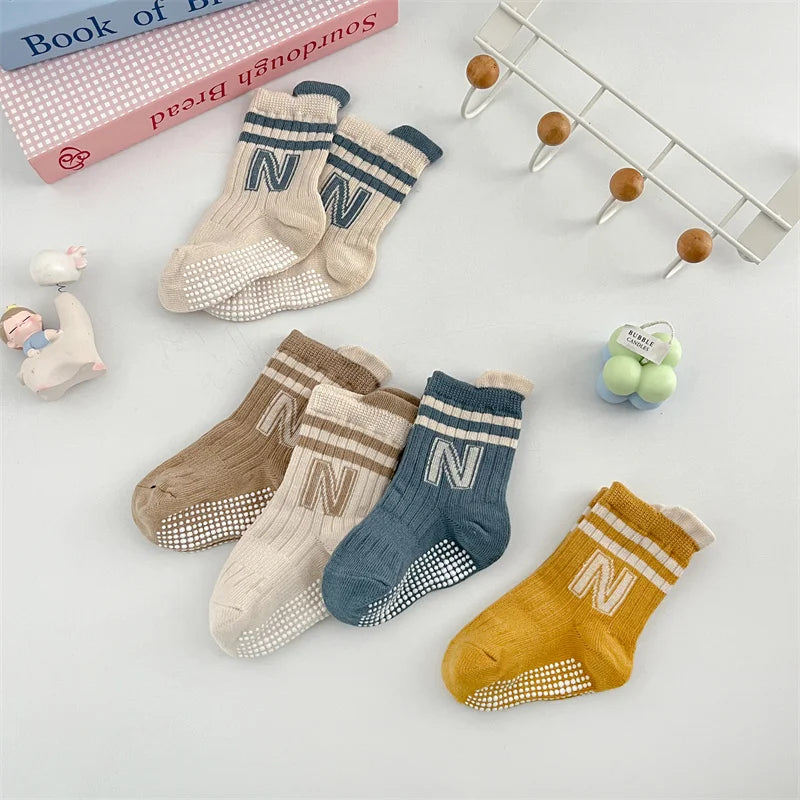 3Pairs/Lot Baby Letter Non-slip Socks Soft Cotton Short Kids Sock Infant Toddler Boys Girls Cute Stripe Socken For 0-5Years
