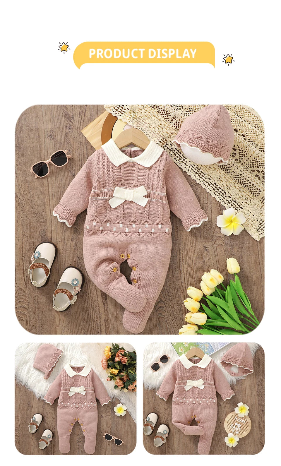 Infant Girls Rompers Hats Clothes Autumn Winter Pink Long Sleeves Knit Newborn Jumpsuits Outfits 0-18m Toddler Outwear Playsuits