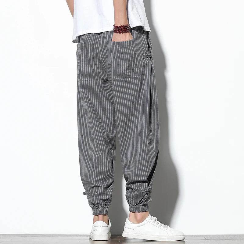 Four Seasons Men Disc Buckle Striped Harem Pants Breathable Cotton Linen Pencil Pants Buckle Casual Bloomers Fashion Trousers - AIAZ