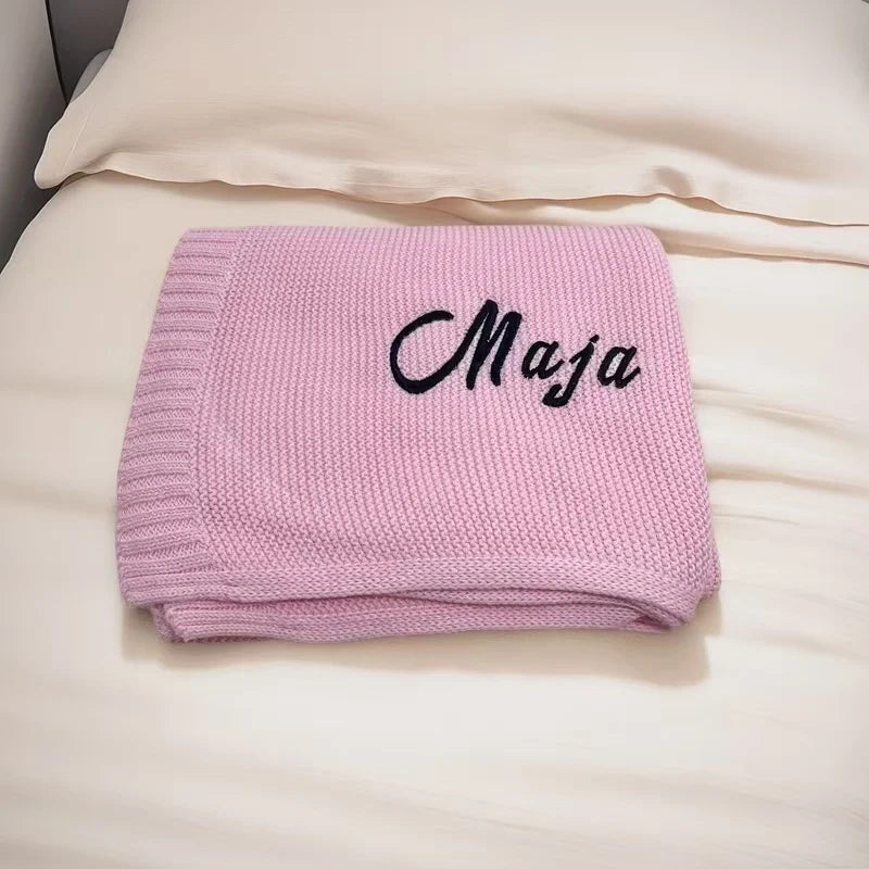 Embroidered Name Knitted Blanket Stroller Cover Kids Cotton Nap Blanket for Newborn Shower Gifts