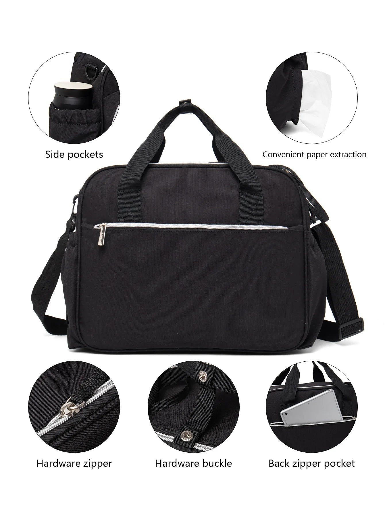 Lequeen New Maternity Mommy Travel Bag Black Shoulder Bag Handbag Tote Dry and Wet Separation Baby Diaper Stroller Bag