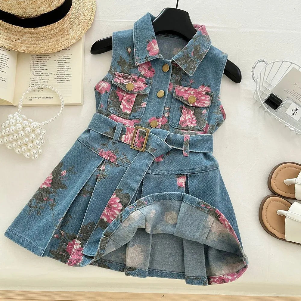 Bear Leader Summer New Korean Version Girls Clothes Lapel and Sleeveless Printed Denim Belt Dress Casual Easter toddler dresses