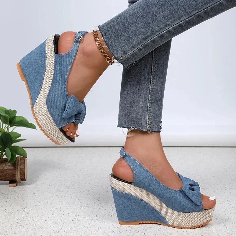 Fashion Bowknot Wedge Heel Sandals for Women Denim Peep Toe Chunky Platform Sandalias Mujer Back Strap High Heel Gladiator Shoes