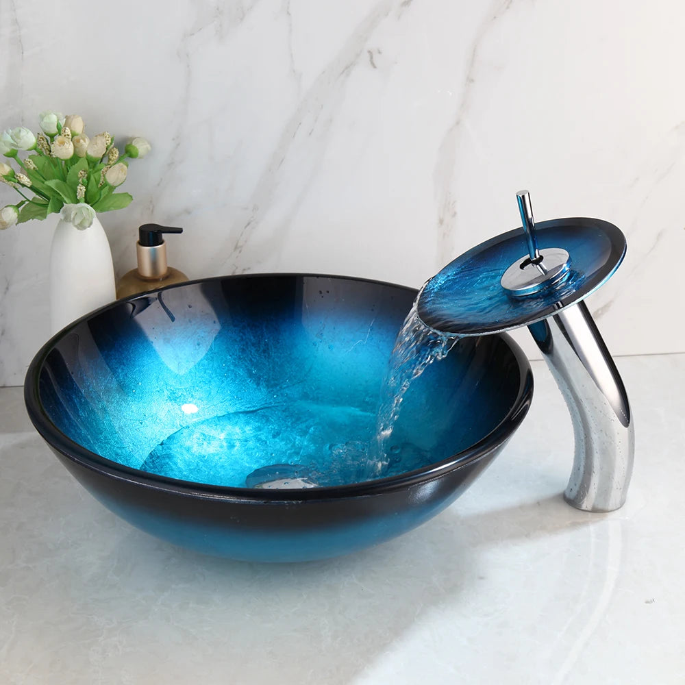 ZAPPO Tempered Glass Bathroom Vessel Sink with Waterfall Black Faucet Tap Bathroom Oval Blue Vessel Sinks Above Counter Basin