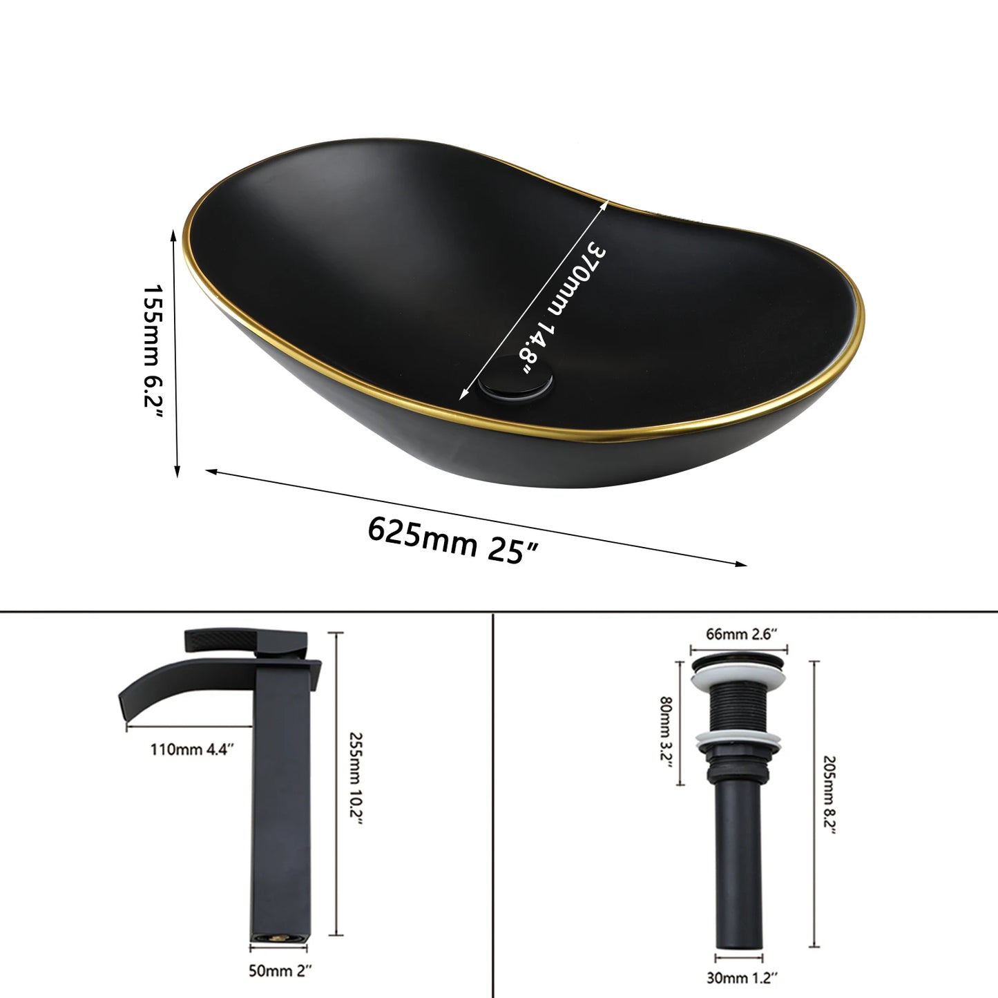 JIENI European Style Bathroom Sink Set Ceramic Washbasin Black Waterfall Faucet Pop Up Drain Combo Oval Counter Top Sinks