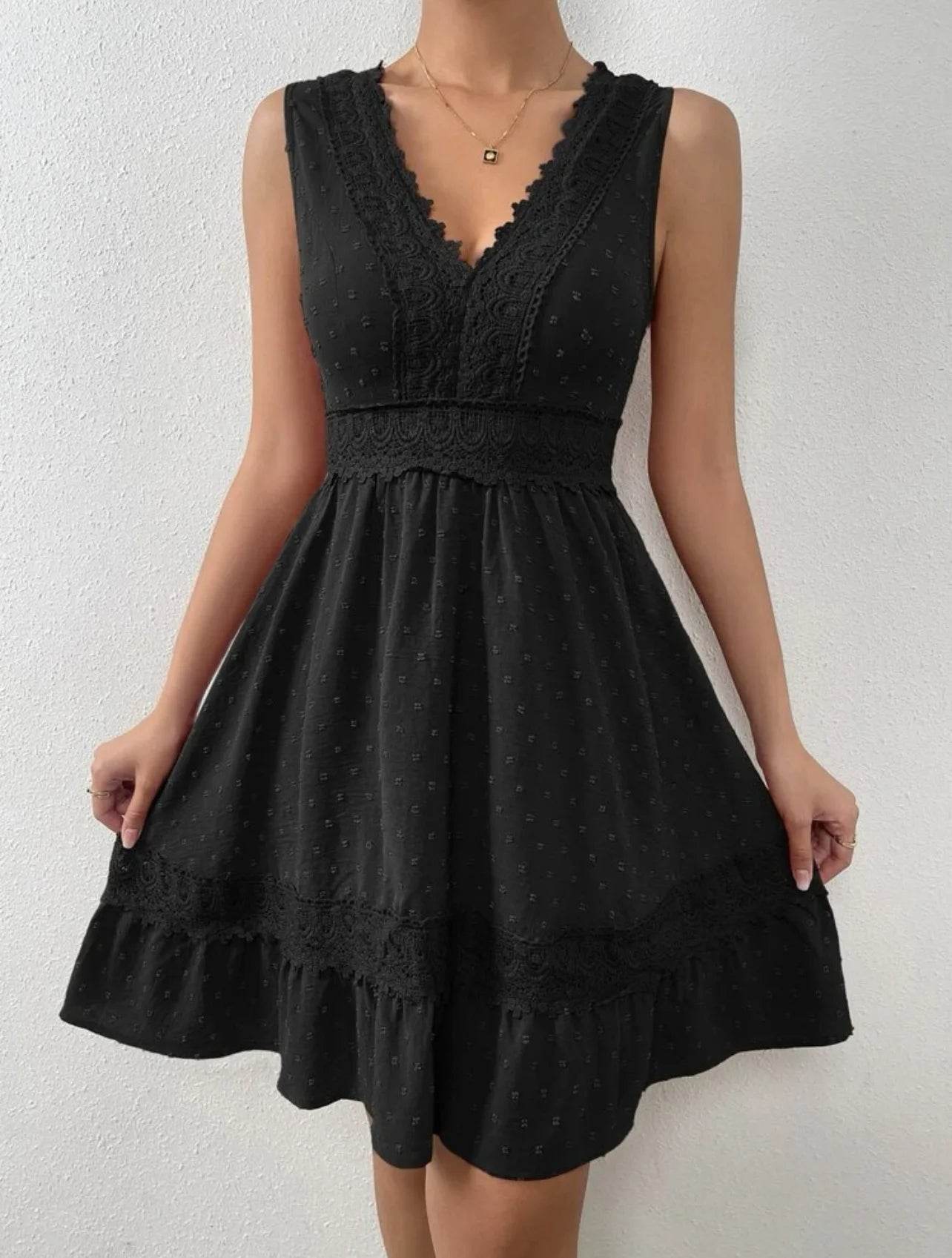 Women's White Party Dress Fashion Lace V-neck Ruffle Hook Flower Hollow Waist Mini Women Dresses Summer Sexy Prom Female Vestido - AIAZ