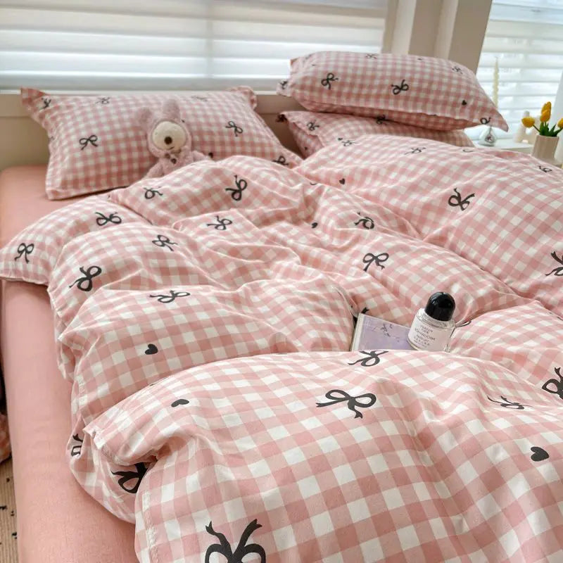 Pink Duvet Cover Set Classic Plaid Twin Queen Size Girls Boys Flat Sheet Pillowcase No Filler Soft Home Decor Bedding Set