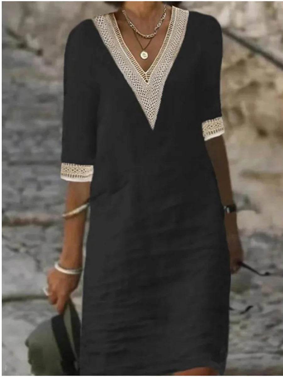 Women Cotton Linen Dress 2025 Summer Sexy V-neck White Dress Elegant Luxury Casual Solid Color Mid-Sleeve Female Y2k Streetwear - AIAZ