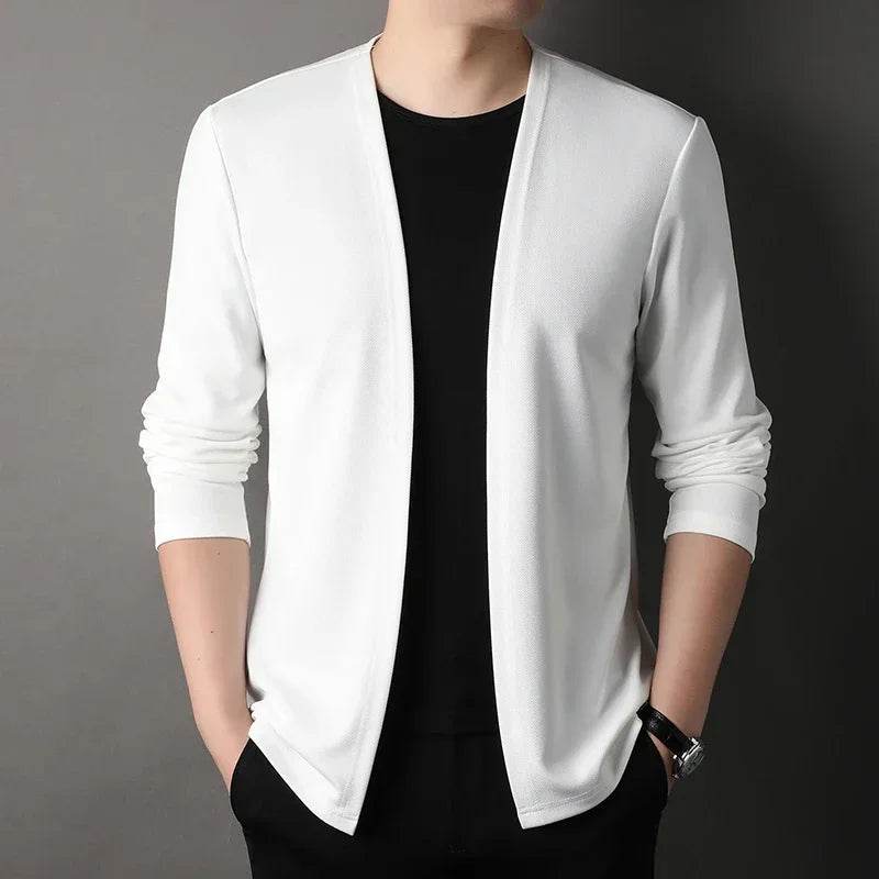 New Men's Casual Solid Color Long Sleeved Cardigan Cloak Spring and Autumn Fashionable Comfortable Top - AIAZ