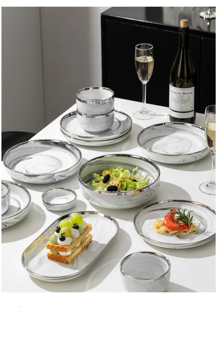 Light Luxury Ceramic Tableware Set Marble Fish Plates With Silver Rim Household Hotel LArge Capacity Soup Bowl Deep Plates