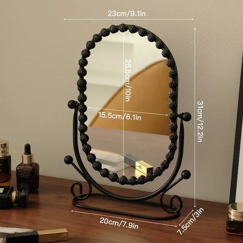 Light Luxury Wrought Iron Vertical Mirror Rotatable Retro Makeup Mirror Bedroom Vanity Mirror Desktop Ornament Photo Props