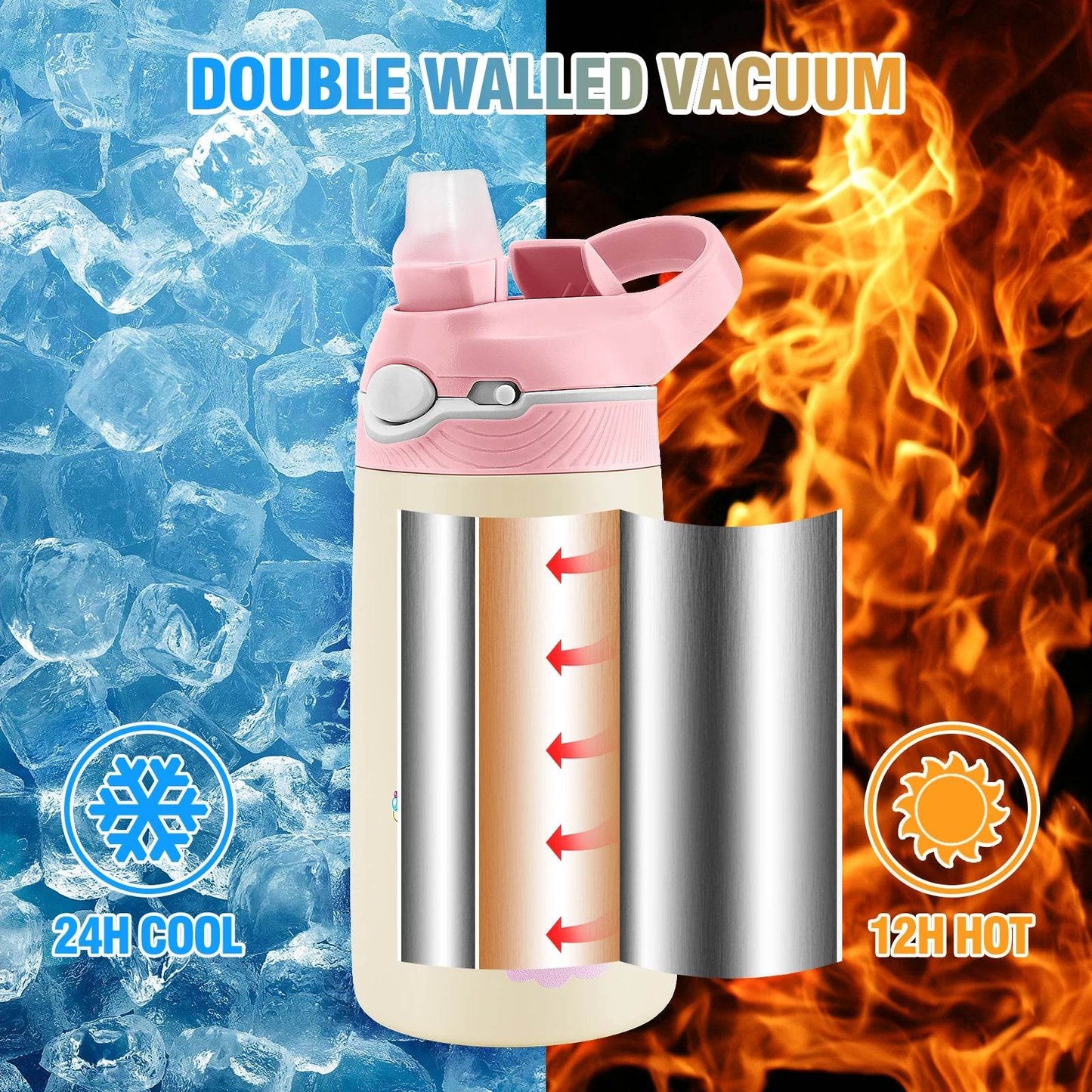 400ML Water Bottle for Children,Thermos With Cute Pattern,Children Thermal Bottle , School Kids Water Bottle With Straw BPA Free - AIAZ
