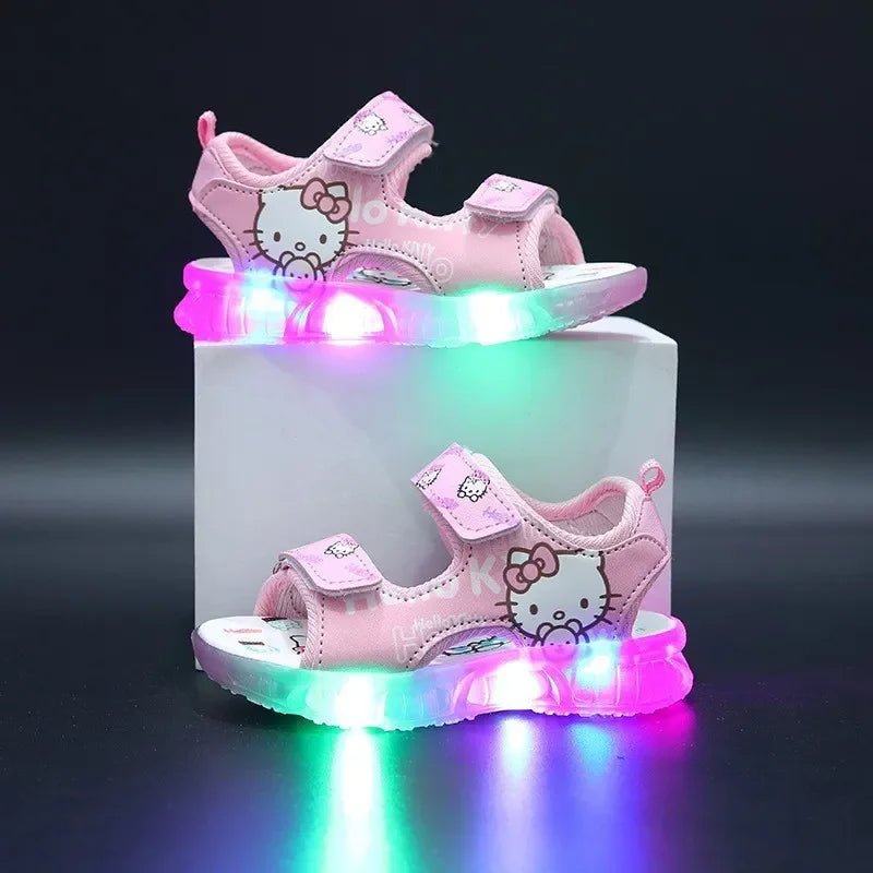 2024 Summer Baby LED Light Sandals For Girls Cute Hello Kitty Children's Casual Shoes Anti-slip Kids Beach Shoes Outdoor Shoes