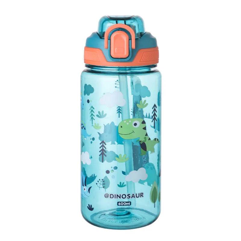 600ml Plastic Sports Water Bottles Cute Cartoon Children's Water Cup with Straw Leakproof Summer Outdoor Portable Kids Kettle - AIAZ