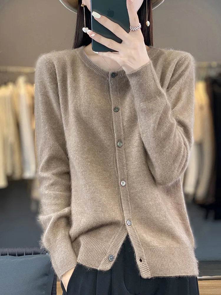 Women's Cardigan 100% Mink Cashmere Sweater,O-Neck Long Sleeve Top,Plus-Size Loose,Spring and Autumn Soft Knitted Jacket Female - AIAZ