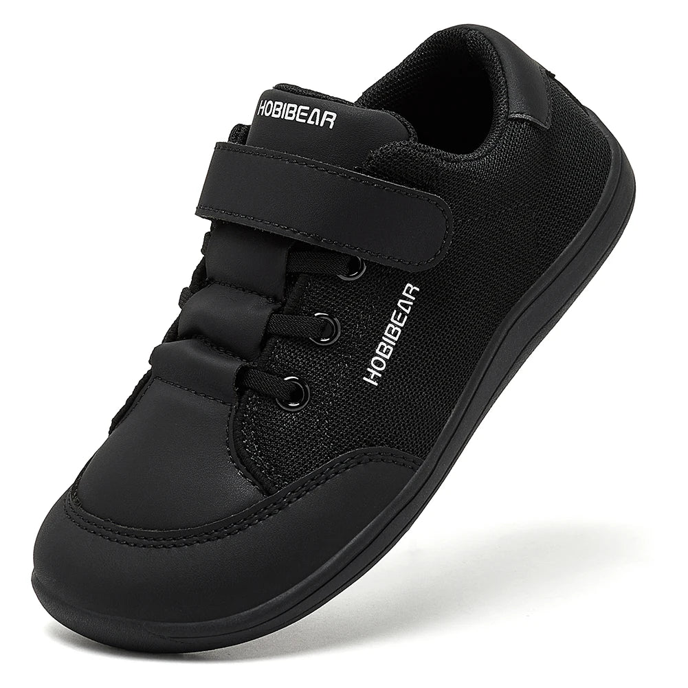 HOBIBEAR Kids Wide Toe Barefoot Shoes Boys Girls Minimalist Sneakers Lightweight Hook Loop Mesh Artificial Leather Shoes