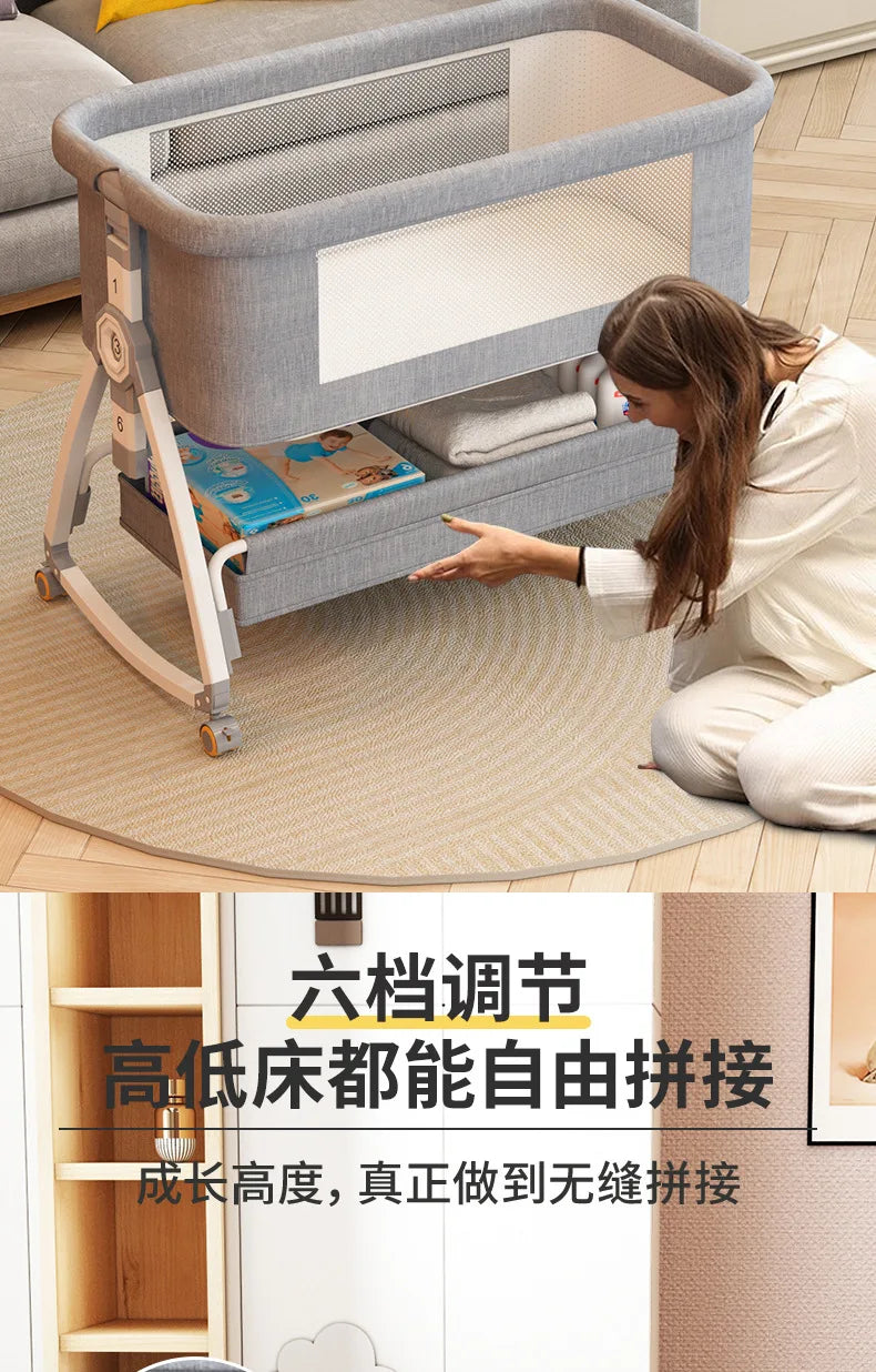 Crib Movable Multi-Function Folding Height Adjustment Splicing Queen Bed Baby Bassinet Newborn Baby Bed Anti-Overflow