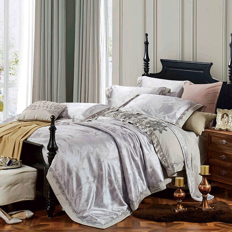 Sliver Gold Luxury Silk Satin Jacquard duvet cover bedding set queen king size Embroidery bed set bed sheet/Fitted sheet set