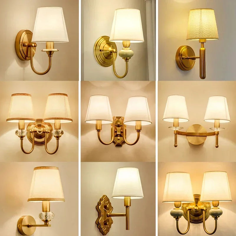 European Style Copper Led Color Wall Lamp Bedroom Bedside Living Room TV Background Light Simple Hotel Villa Decor Lighting