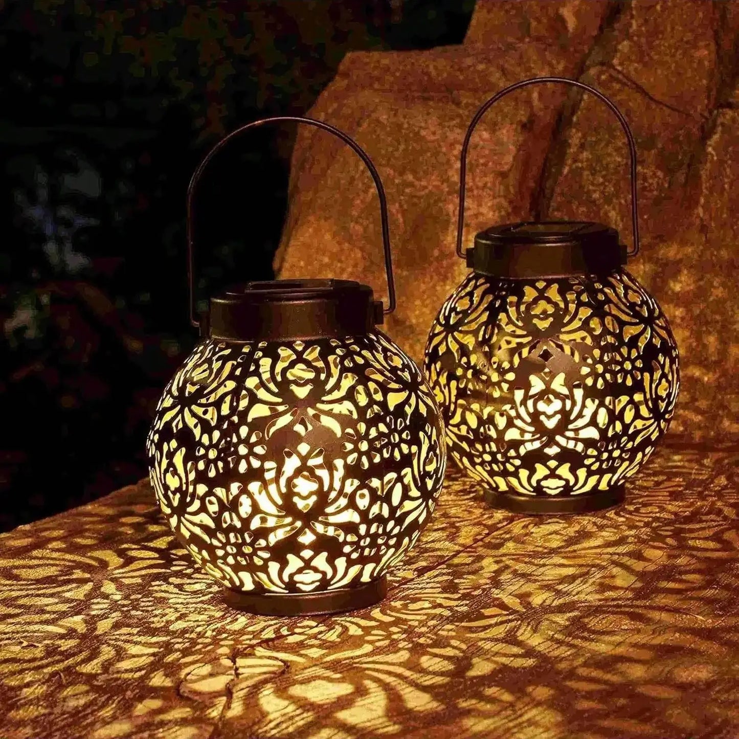 LED Outdoor Solar Hanging Lantern Lights Waterproof Tabletop Solar Lights with Handle Moroccan Lanterns Metal Decorative Garden
