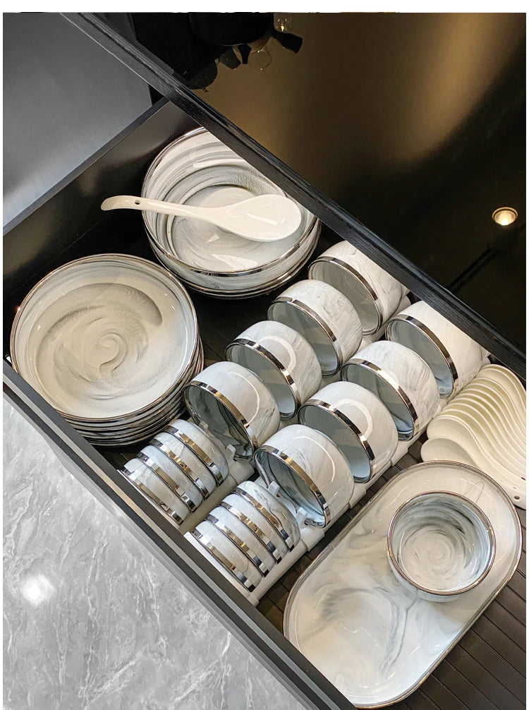 Light Luxury Ceramic Tableware Set Marble Fish Plates With Silver Rim Household Hotel LArge Capacity Soup Bowl Deep Plates