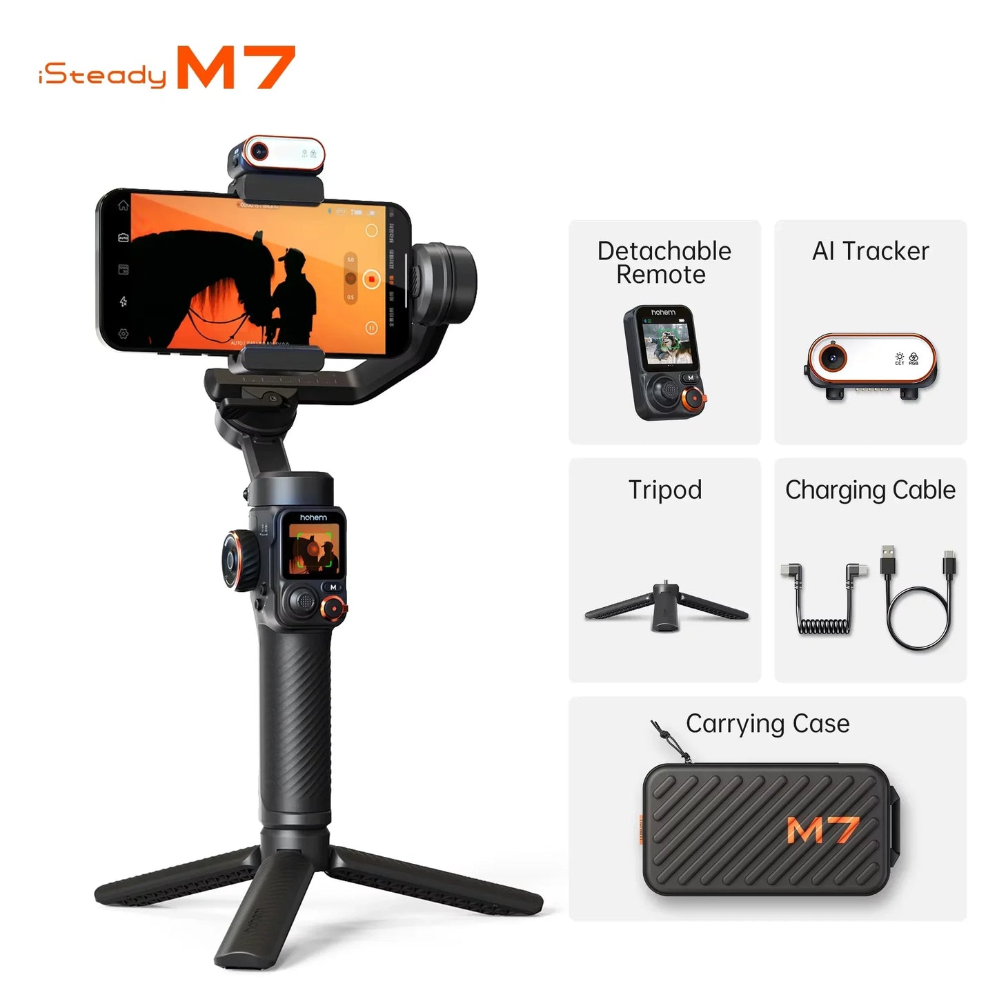 Hohem M7 iSteady M7 Smartphone Gimbal AI Tracker Fill Light Detachable Control Screen Extension Rod for iPhone TikTok YouTube