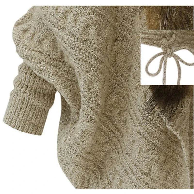 Women Cardigan Sweater Thick Poncho Capes Autumn Winter Femme knitted Bat Sleeve Fur Collar Wool Sweater Knitted Long Cardigan - AIAZ