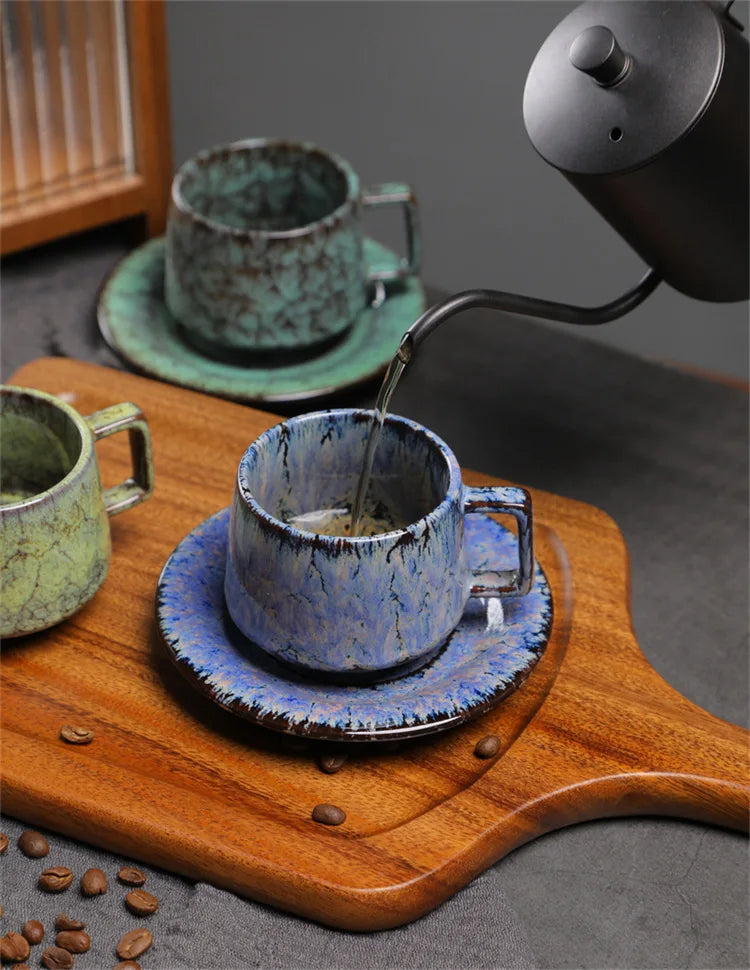 180ML Japanese Espresso Cup and Dish Kiln Transformed Ceramic Cup Retro Coarse Ceramic Mug Living Room Decoration