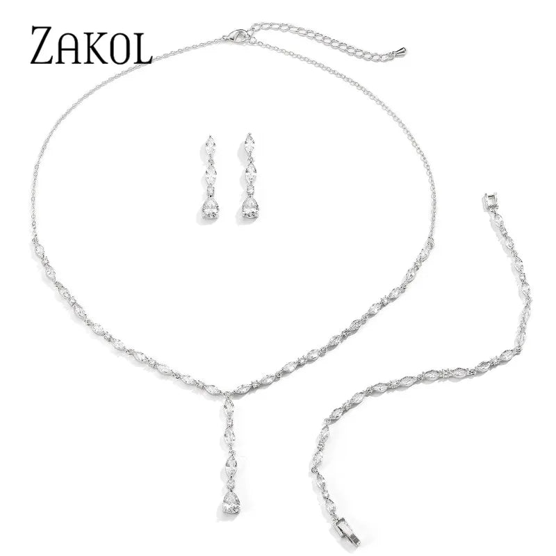 ZAKOL Brilliant Crystal Zirconia Earrings Necklace Bracelets 3pcs Jewelry Set For Women Wedding Dress Accessaries FSSP412